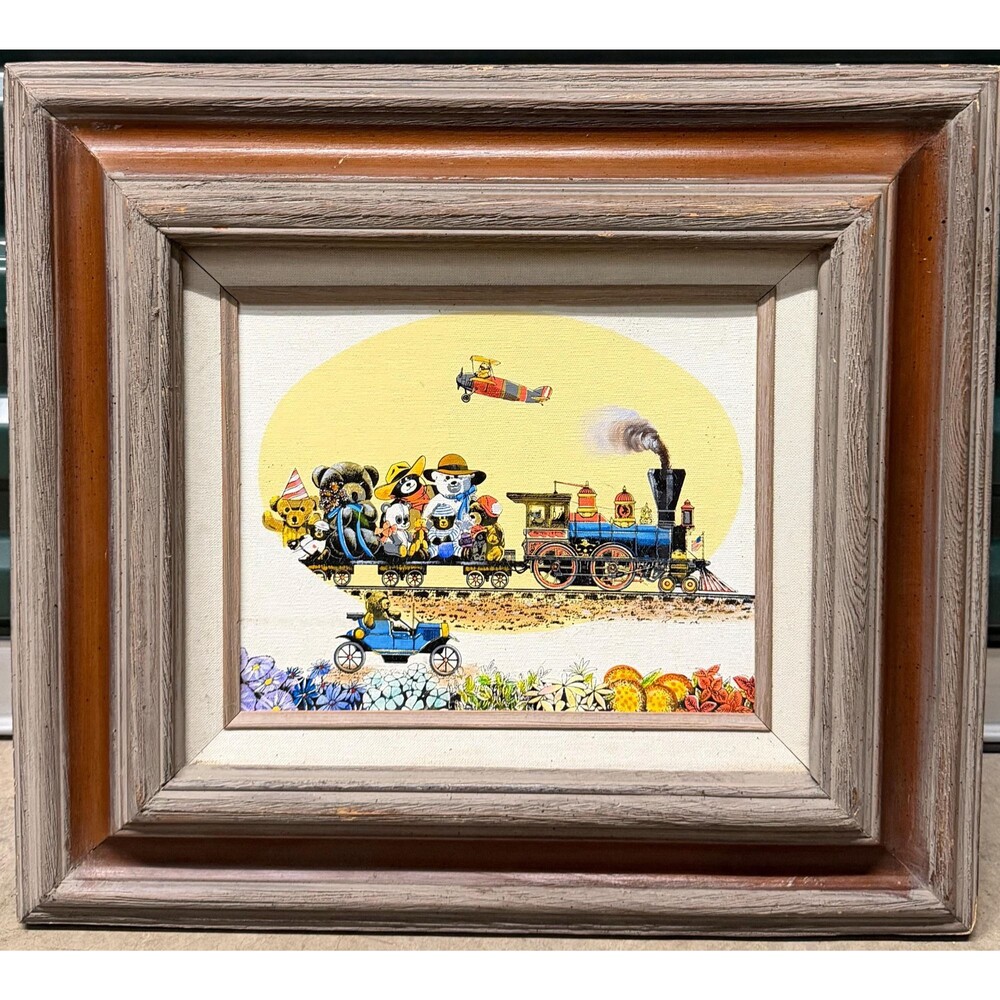 Vintage Teddy Bear Train Painting | Framed Canvas Nursery Art | Signed R. Smith